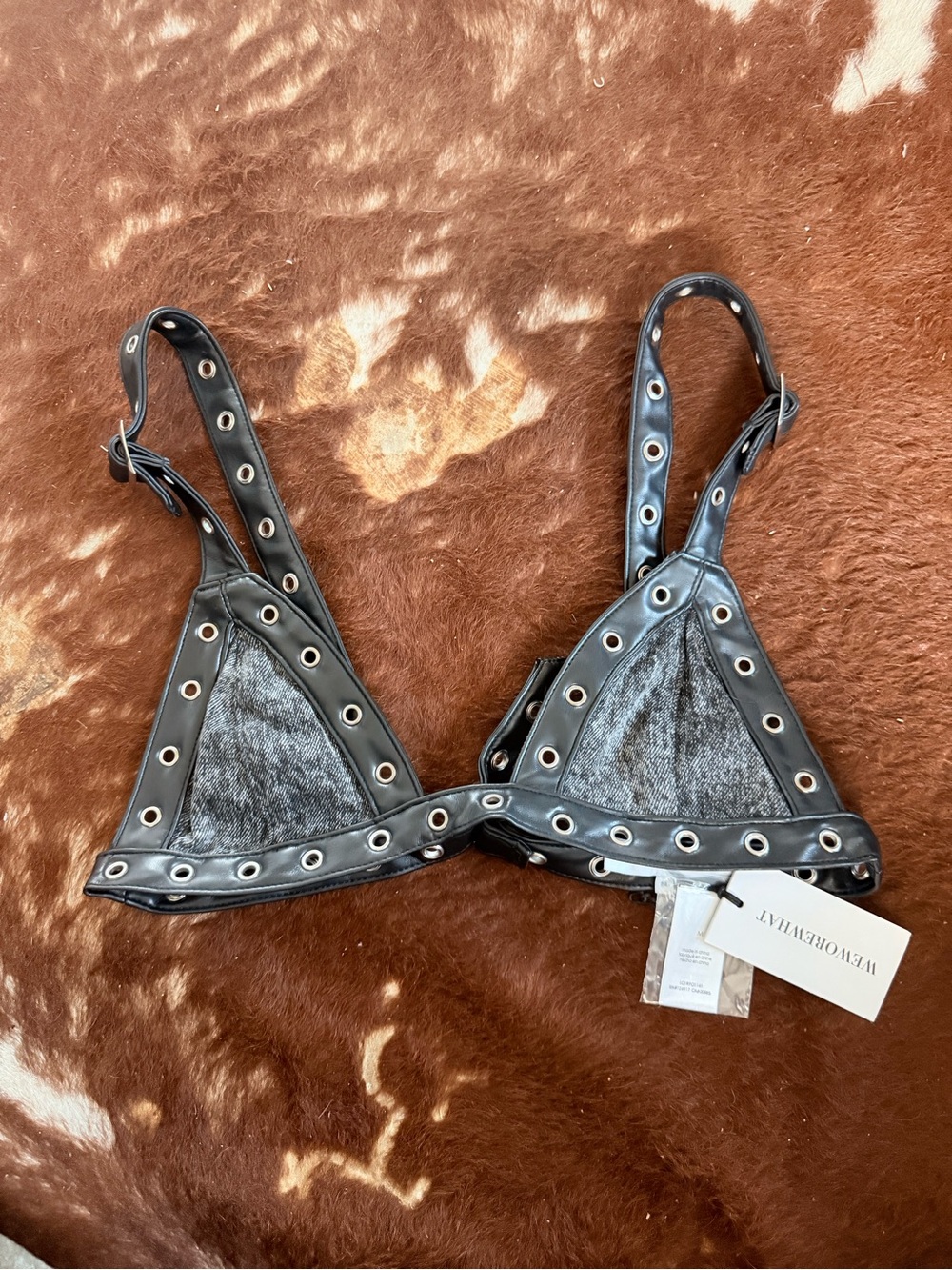 WeWoreWhat Black Faux-Leather Grommet Triangle Bra